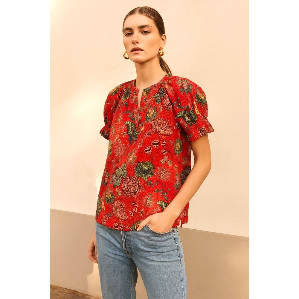 Ulla Johnson New York Red Naomi Cotton Floral Blouse Shirt Top  Women's Size 0
